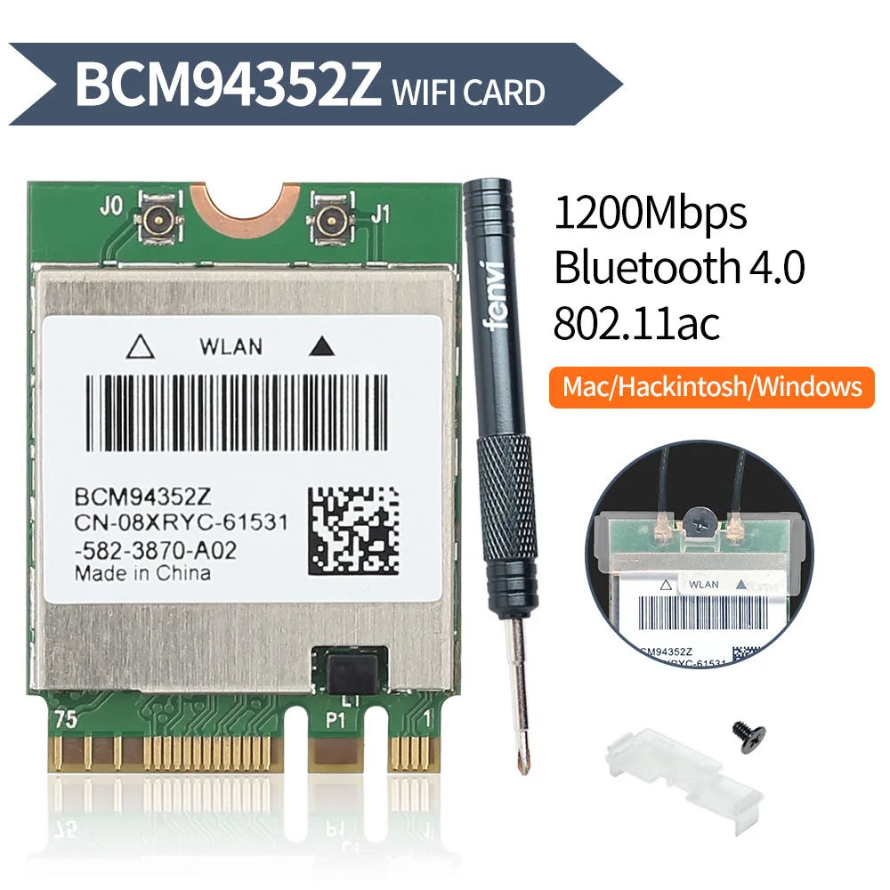 Dual band BCM94352Z 867Mbps Bluetooth 4.0 802.11ac BCM94360CS2 NGFF M.2 WiFi WLAN Card DW1560 For Laptop Windows macOS Hakintosh
Dual band BCM94352Z 867Mbps Bluetooth 4.0 802.11ac BCM94360CS2 NGFF M.2 WiFi WLAN Card DW1560 For Laptop Windows macOS Hakintosh