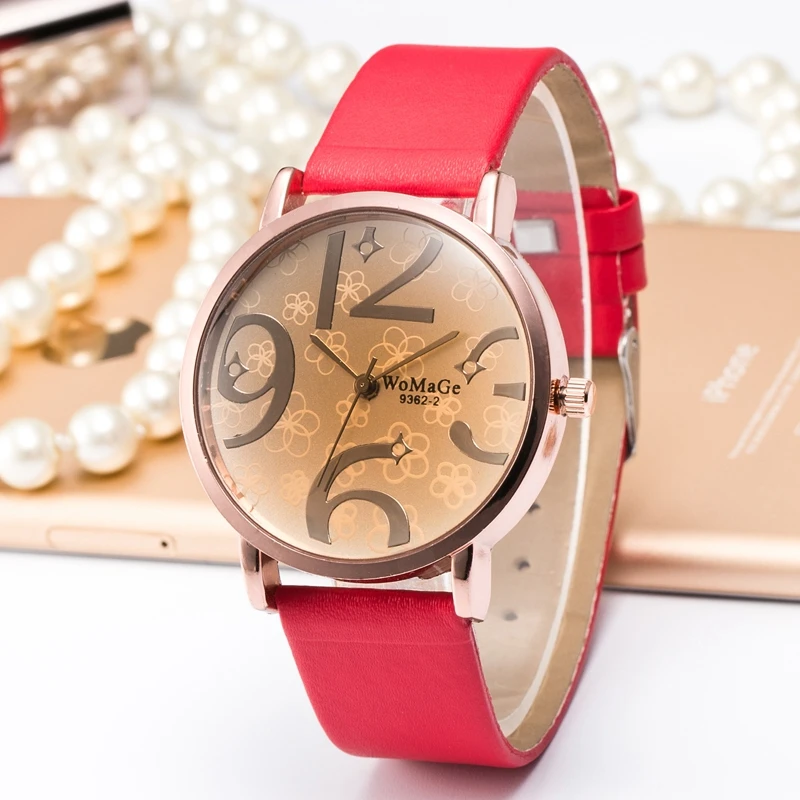 

Female Watches Womens Watches Ladies Watches WOMAGE Fashion Casual Quartz Wristwatch Red Leather Band montre femme dames horloge