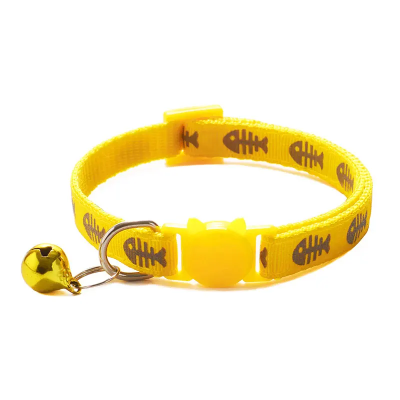 19-32cm 1.0cm Adjustable Cat Collar Cute Reflective Fishbone Print Nylon Pet Puppy Dog Collar with Bells For Small Medium Dog