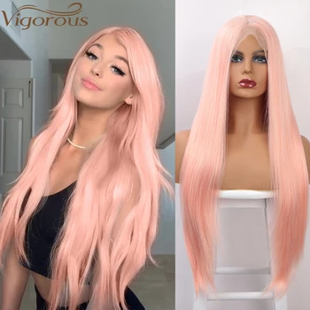 

Vigorous Long Silky Straight Hair Synthetic Lace Front Wigs for Women Pink Mixed Blonde Color Middle Parting Cosplay Wig