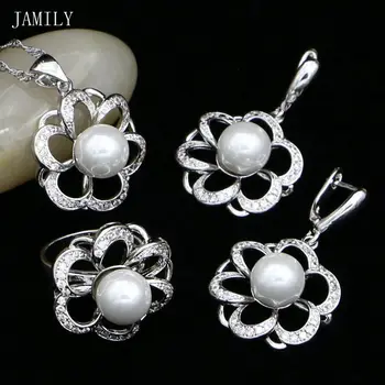 Flower Shaped Jewelry Sets for Women Wedding White Pearl Beads Earrings Pendant Ring Necklace 
Flower Shaped Jewelry Sets for Women Wedding White Pearl Beads Earrings Pendant Ring Necklace