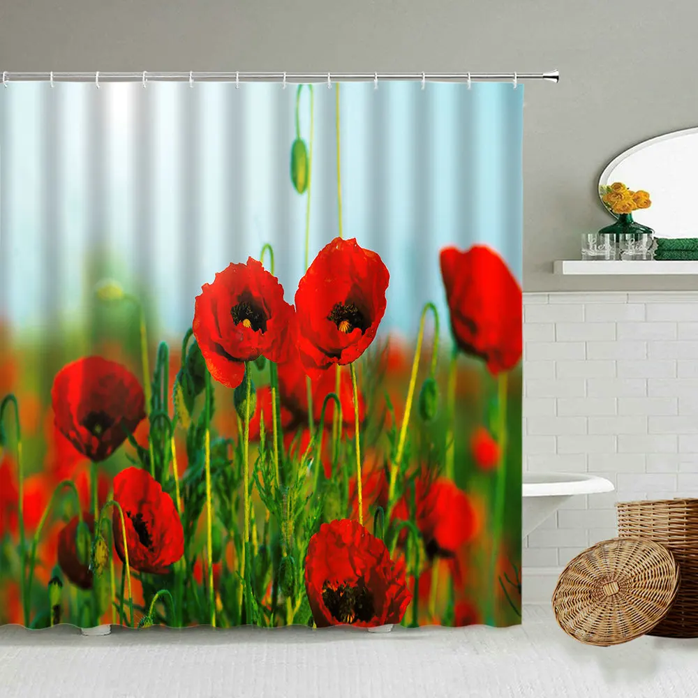 

Red Flower Poppy Corn Poppy Shower Curtain Plant Summer Natural Scenery Bathroom Blackout Waterproof Polyester Cloth Curtains