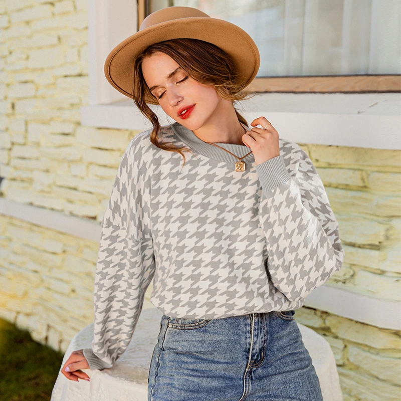 FREE SHIPPING Women Houndstooth Pattern Knitted Sweater OUT0909 FREE SHIPPING Women Houndstooth Pattern Knitted Sweater OUT0909