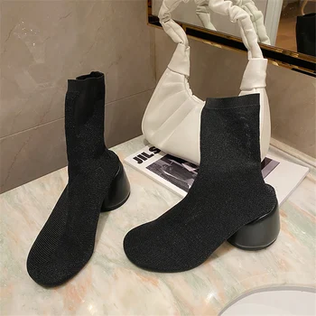 Women Spring 2020 Autumn Glitter Round High Heels Sock Boots Stretch Fabric Female Medium Heels Mid Calf Boots Bling Party Shoes
Women Spring 2020 Autumn Glitter Round High Heels Sock Boots Stretch Fabric Female Medium Heels Mid Calf Boots Bling Party Shoes
