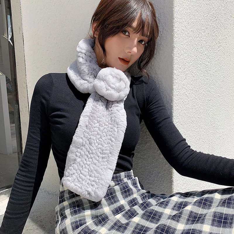 

2020 Knitted Rex Rabbit Fur Scarf Collar with Flower Women Winter Warm Wraps Shawl Girl Fashion Fur Rings Muffler High Quality