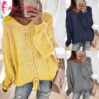 Women Casual V-Neck Long Sleeve Solid Regular Front Criss-Cross Loose Pullover Spring, Autumn Sweater
Women Casual V-Neck Long Sleeve Solid Regular Front Criss-Cross Loose Pullover Spring, Autumn Sweater