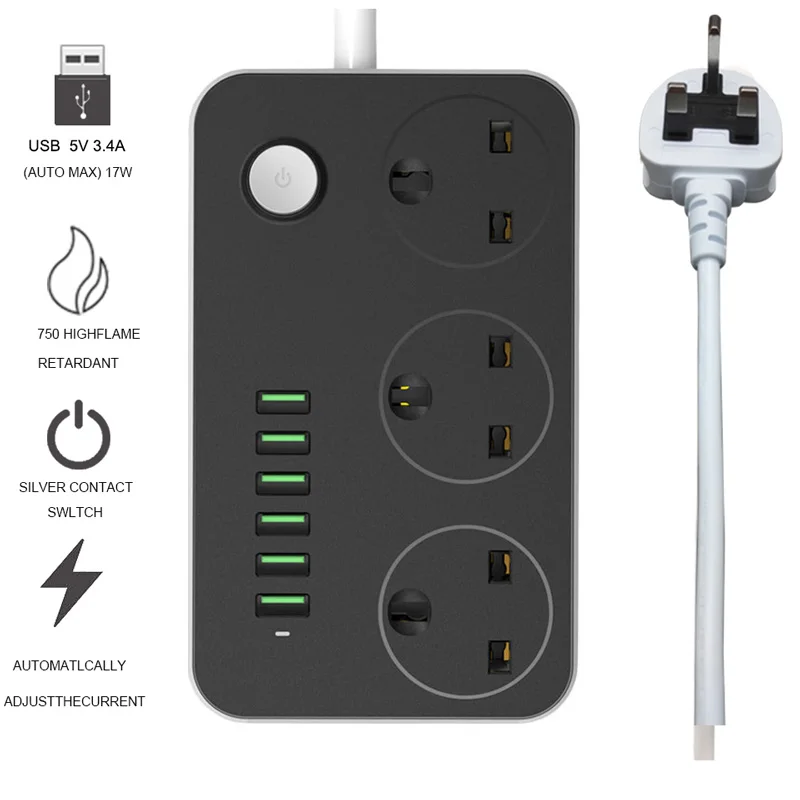 UK Plug USB Power Strip Socket 3 universal Or UK Outlets 6 Fast Charger port 1.8M Power Cord Wall Charger Adapter For Phone Home
UK Plug USB Power Strip Socket 3 universal Or UK Outlets 6 Fast Charger port 1.8M Power Cord Wall Charger Adapter For Phone Home
