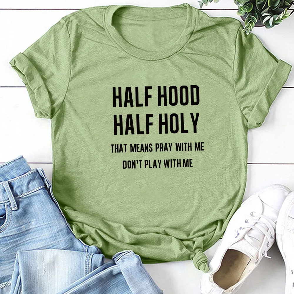 Women T-shirts Half Hood Half Holy Letter Print JKP4741 Women T-shirts Half Hood Half Holy Letter Print JKP4741