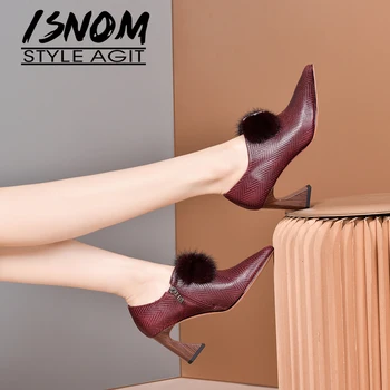 ISNOM Red Heels Wood Fashion Fur Pumps Elegant Pointed Toe Cow Leather Embossed Zip Pumps High Heels Shoes Women
ISNOM Red Heels Wood Fashion Fur Pumps Elegant Pointed Toe Cow Leather Embossed Zip Pumps High Heels Shoes Women