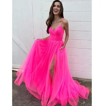 Fuchsia Tulle Elegant V-Neck Prom Dress 2021 Spaghetti Strap Slit A-Line Long Graduation Gowns Women Formal Wedding Evening Gown
Fuchsia Tulle Elegant V-Neck Prom Dress 2021 Spaghetti Strap Slit A-Line Long Graduation Gowns Women Formal Wedding Evening Gown