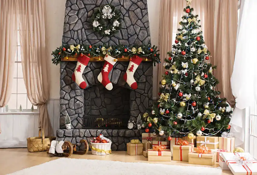 7x5ft merry christmas room pine branch wreath gift boxes wood