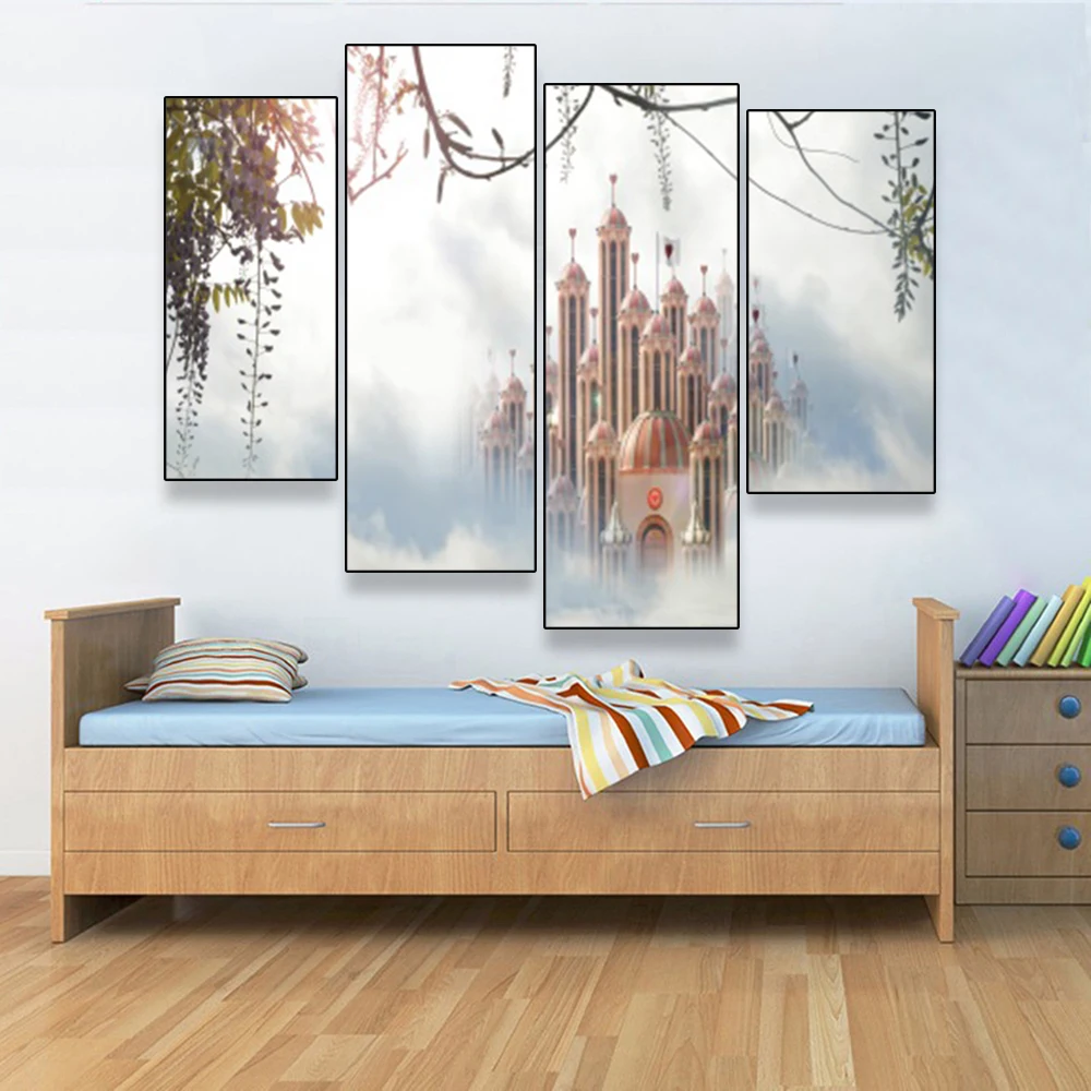 Laeacco Canvas Calligraphy Painting 4 Panel Castle Posters and Prints Wall Artwork Living Room Nordic Home Decoration | Дом и сад