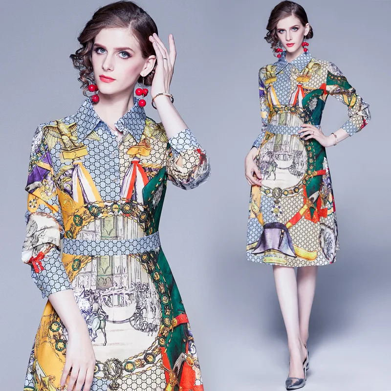 Photo Shoot 1058 # Autumn Clothing New Style Europe And America WOMEN'S Dress Cool Waist Hugging Fold-down Collar Vintage Floral 
Photo Shoot 1058 # Autumn Clothing New Style Europe And America WOMEN'S Dress Cool Waist Hugging Fold-down Collar Vintage Floral