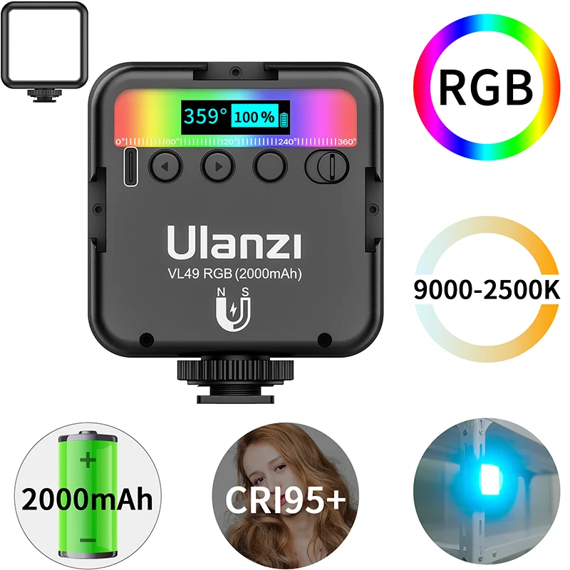 Ulanzi VL49 Full Color RGB LED Video Light 2500K-9000K 800LUX Magnetic Mini Fill Light Extend 3 Cold Shoe 2000mAh Type-c Port
Ulanzi VL49 Full Color RGB LED Video Light 2500K-9000K 800LUX Magnetic Mini Fill Light Extend 3 Cold Shoe 2000mAh Type-c Port