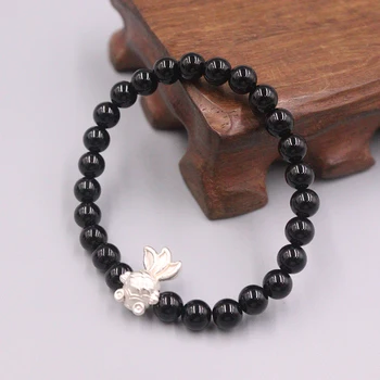 S925 Sterling Silver Bracelet Silver Goldfish with 6mmW Black Agate Beads Link Bracelet Best Gift 
S925 Sterling Silver Bracelet Silver Goldfish with 6mmW Black Agate Beads Link Bracelet Best Gift