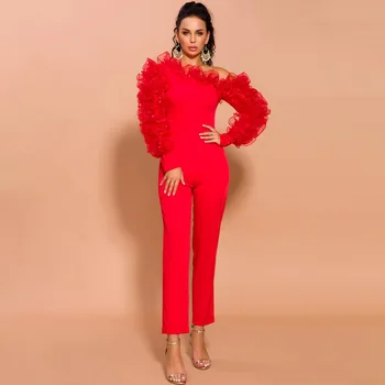 

HF Free Shipping Red Women Suits Elegant Celebrity Fashion Party Jumpsuit Wedding Sexy Bodycon Jumpsuit Plus S-XL