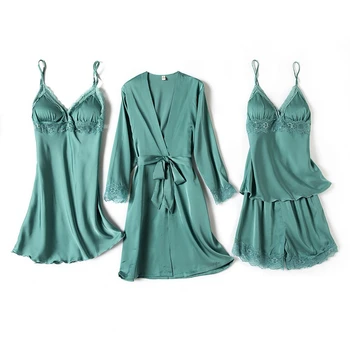 Smmoloa 4 Piece Silk Robe Women Silk Pajamas Set satin pajama sets 
Smmoloa 4 Piece Silk Robe Women Silk Pajamas Set satin pajama sets