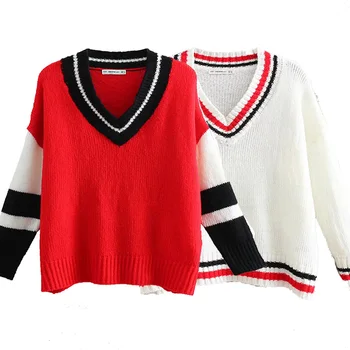 Vintage women's sweater V neck patchwork long sleeve knitted women's jacket casual oversize pullovers chic female jumpers tops 
Vintage women's sweater V neck patchwork long sleeve knitted women's jacket casual oversize pullovers chic female jumpers tops