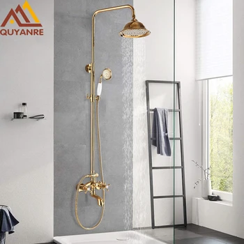 Quyanre Gold Shower Faucets Set Rainfall Shower Bathroom Wall Mount Shower System Swivel Tub Spout Bath Shower Mixer Faucet Kit
Quyanre Gold Shower Faucets Set Rainfall Shower Bathroom Wall Mount Shower System Swivel Tub Spout Bath Shower Mixer Faucet Kit