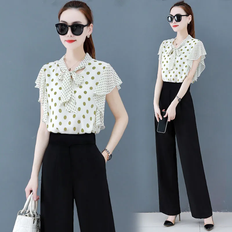 2020 New Summer Elegant Chiffon Polka Dot Blouse Top Wide Leg Pants Suit For Women 2 Piece Set Office Lady Work Trousers Clothes 
2020 New Summer Elegant Chiffon Polka Dot Blouse Top Wide Leg Pants Suit For Women 2 Piece Set Office Lady Work Trousers Clothes