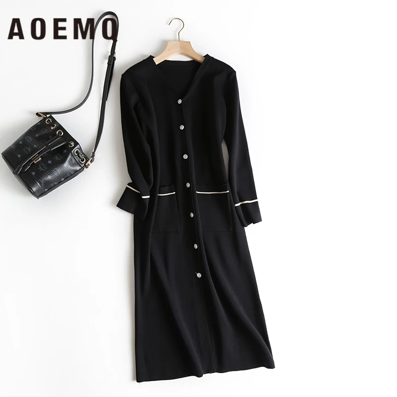 AOEMQ модные однотонные платья 2 цветов повседневные однобортные кардиганы с