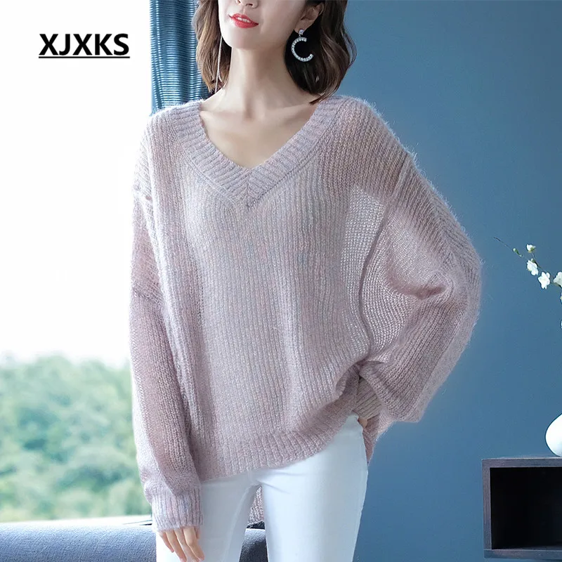 XJXKS 2019 High Quality Sweater Autumn Loose Knitted Sweaters Solid Color Pullover Women Wool Jumper Female Fashion Tops
XJXKS 2019 High Quality Sweater Autumn Loose Knitted Sweaters Solid Color Pullover Women Wool Jumper Female Fashion Tops