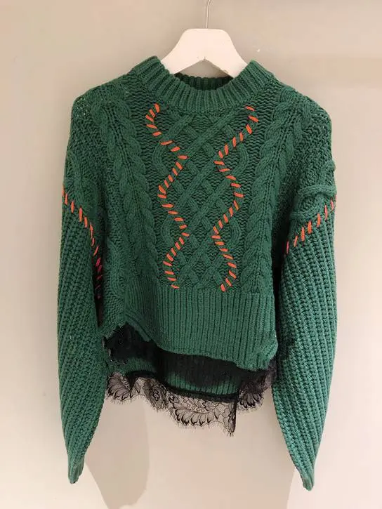 

New Green Lace Mosaic Wool Turtleneck Sweater Loose Knitted Fall/Winter 2019 Women Pullovers Black Sweater Women