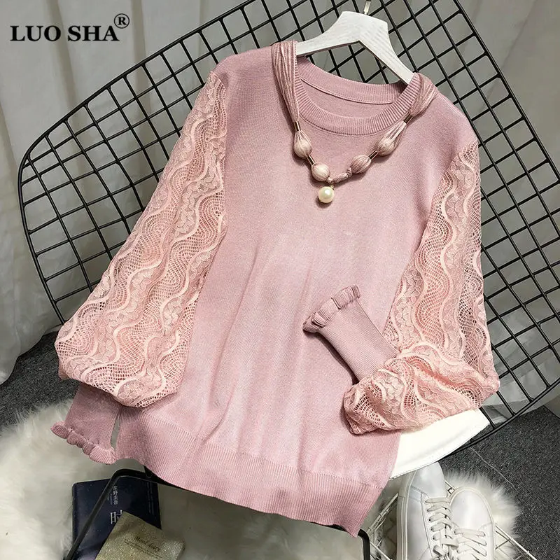 LUOSHA 2020 Women Autumn Winter Lantern Sleeve Lace Knitted Patchwork Pullover And Sweater Female Elegant Jumper Pull Femme | Женская