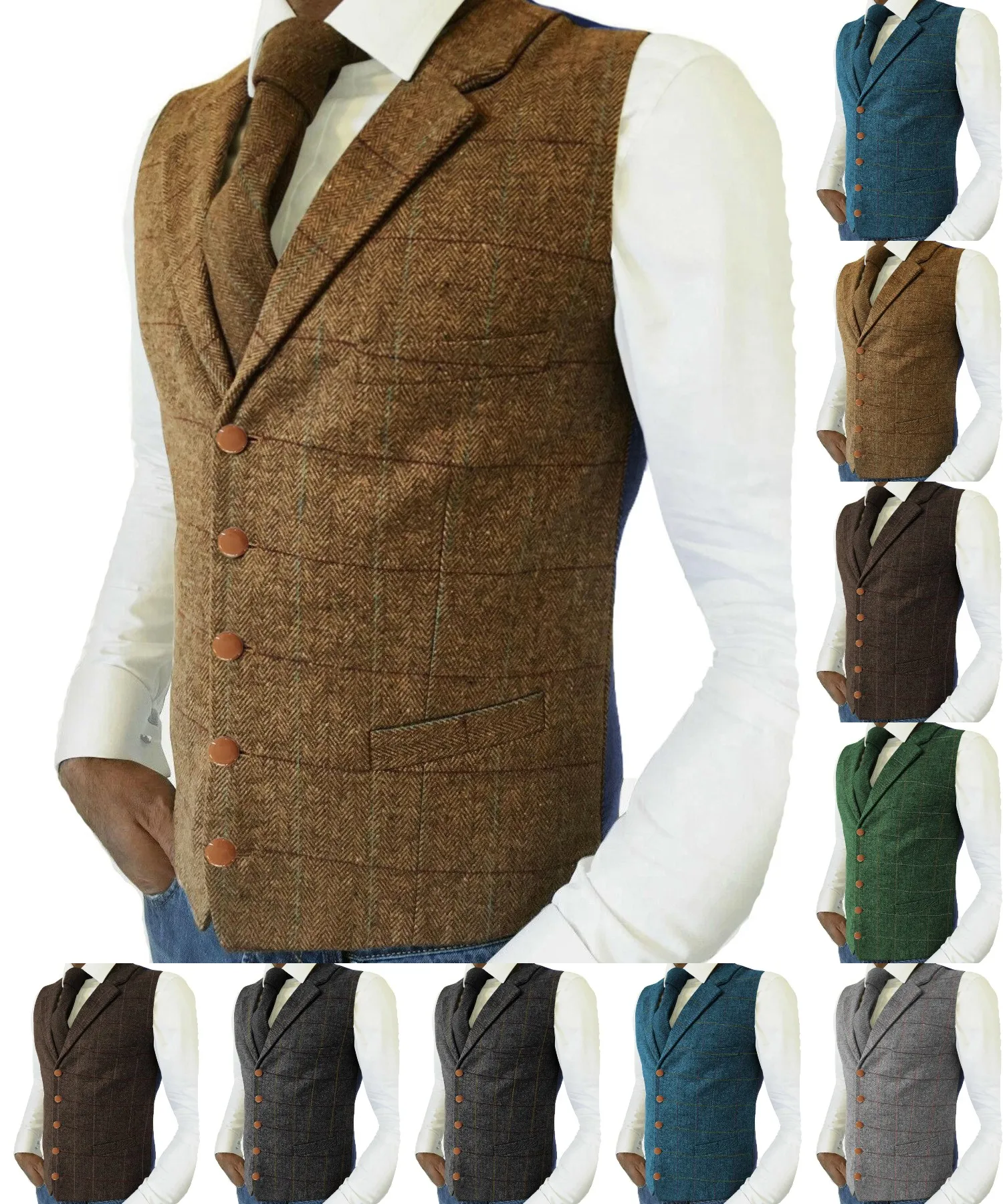 

Casual Gentleman Men's Army Green Vest Soft Wool Brown Jacket Tweed Business Waistcoat For Groosmen Best Man Wedding Vest