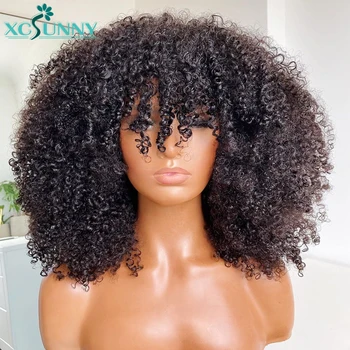 

Afro Kinky Curly Wig With Bangs Full Machine Made Scalp Top Wig 200 Density Remy Brazilian Short Curly Human Hair Wigs Xcsunny