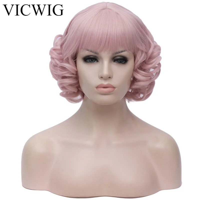 

VICWIG Short Curly Wigs With Bangs Pink Black Grey Synthetic Cosplay Wig for Women Heat-Resistant