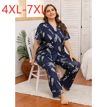 New 2020 ladies summer plus size pajamas for women short sleeve blue print shirt and long pants home wear suit 4XL 5XL 6XL 7XL
New 2020 ladies summer plus size pajamas for women short sleeve blue print shirt and long pants home wear suit 4XL 5XL 6XL 7XL