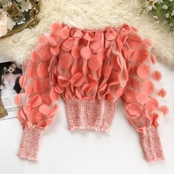 Three-dimensional Flower Fashion Women's Blouse Slash Neck Puff Sleeve Short Lady Pullover Perspective Yarn Female Clothes
Three-dimensional Flower Fashion Women's Blouse Slash Neck Puff Sleeve Short Lady Pullover Perspective Yarn Female Clothes