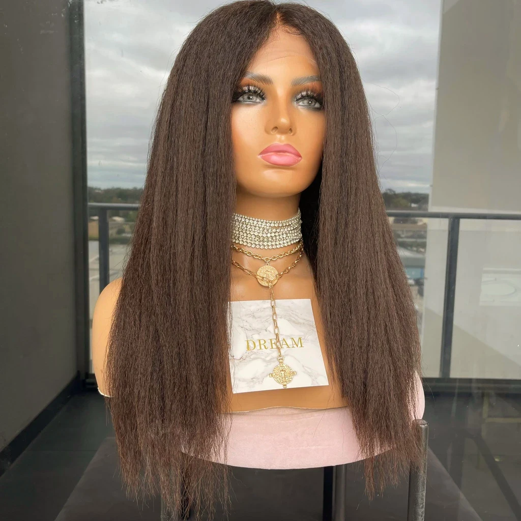 Soft 180% Density Brown Yaki Straight Long Kinky Lace Front Synthetic Hair Wig for Black Women With Babyhair Preplucked Daily | Шиньоны и