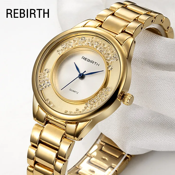 Женские роскошные часы REBIRTH золотые наручные модные с кристаллами Mujer Saati Feminino