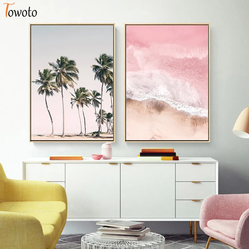 Nordic Landscape Poster Print Pink Sightseeing Bus Decoration Picture Wall Art Modern Style Canvas Painting for Living Room Home | Дом и сад