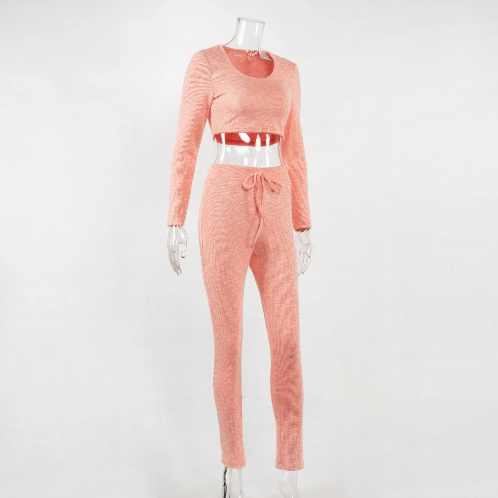Gray Two Piece Set Women Club Outfits Ribbed Knitted Suit Long Sleeve Crop Top And Skinny Pants Female Tracksuits for Women Set Gray Two Piece Set Women Club Outfits Ribbed Knitted Suit Long Sleeve Crop Top And Skinny Pants Female Tracksuits for Women Set