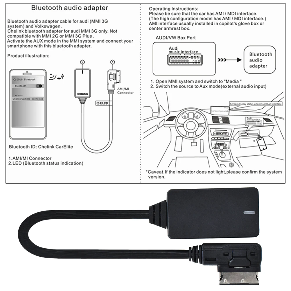 Bluetooth Aux in Adapter für Audi AMI MMI 3G Schnitstelle Q5 A5 A7 R7 Q7 A6L A8L