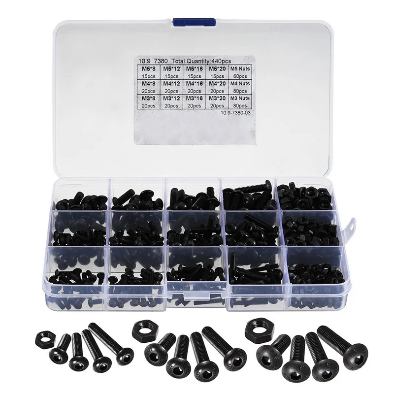 EASY-440pcs M3 M4 M5 Alloy Steel Hex Socket Button Head Cap Bolts Screws Nuts Set
EASY-440pcs M3 M4 M5 Alloy Steel Hex Socket Button Head Cap Bolts Screws Nuts Set