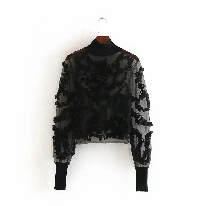 Casual Mesh Black Blouse Patchwork OG0709