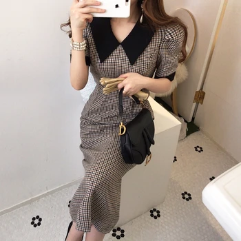Woman Skinny Dress Turn-down Collar Short Sleeve High Waist Plaid Slim Dresses Elegant Chic Mid-Calf Split Dress Trend 2020
Woman Skinny Dress Turn-down Collar Short Sleeve High Waist Plaid Slim Dresses Elegant Chic Mid-Calf Split Dress Trend 2020