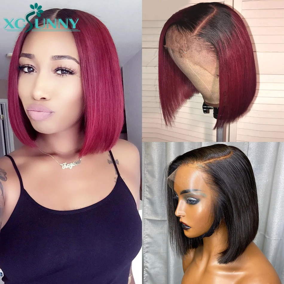 

99J Burgundy Short Bob Lace Front Wigs 180 Density 13x6 Fake Scalp Ombre Human Hair Wig Brazilian Remy Pre Plucked xcsunny
