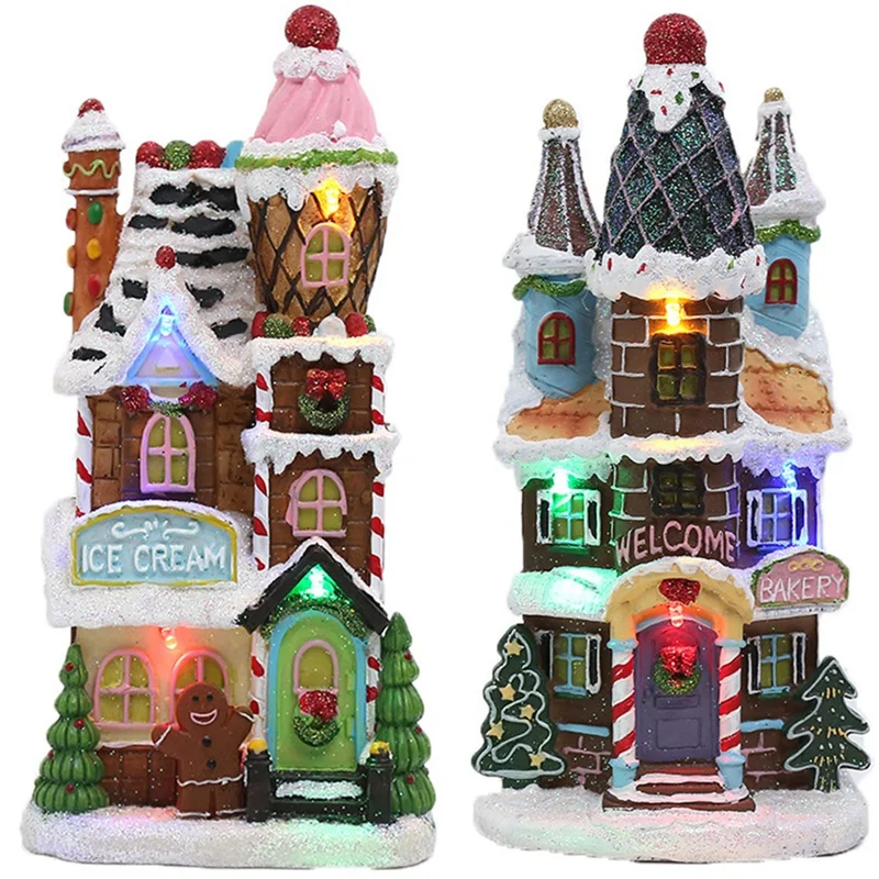 2 Pcs Lighting Up Christmas Doll Figurine Artificial Tree Tiny House Village LED Light Decorative B & A | Дом и сад