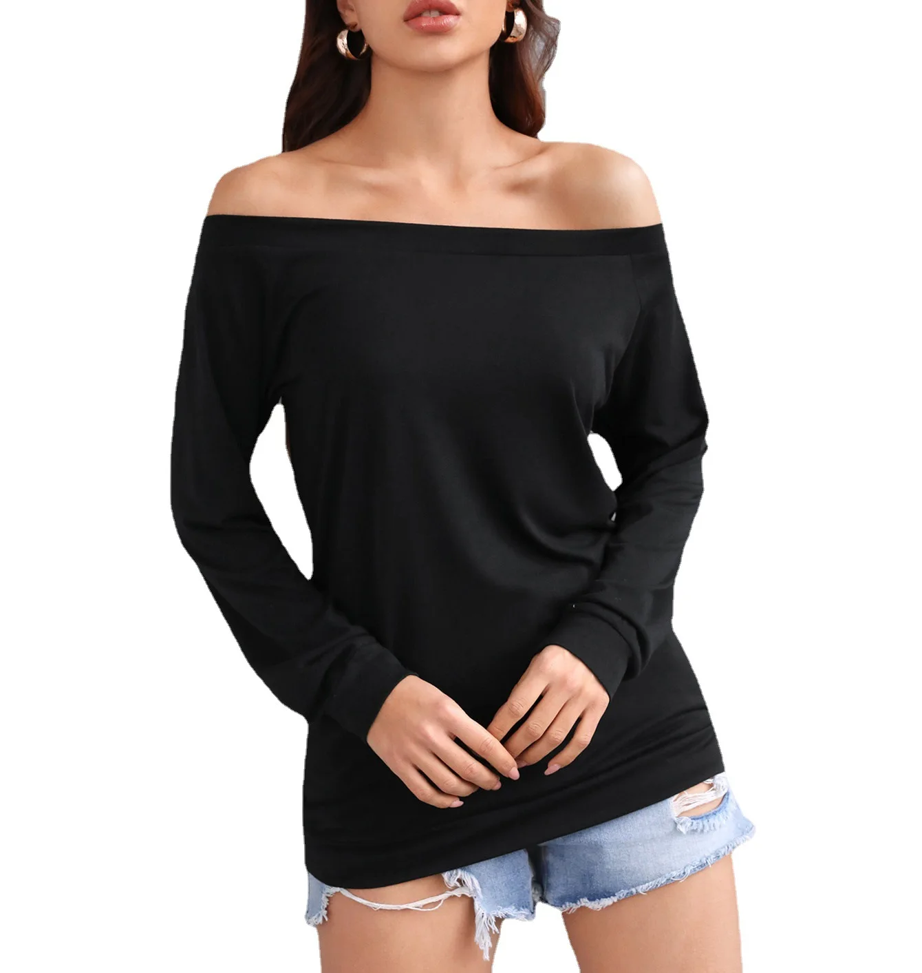 Spring and summer European beauty style long-sleeved one-neck off-the-shoulder solid color top T-shirt
Spring and summer European beauty style long-sleeved one-neck off-the-shoulder solid color top T-shirt