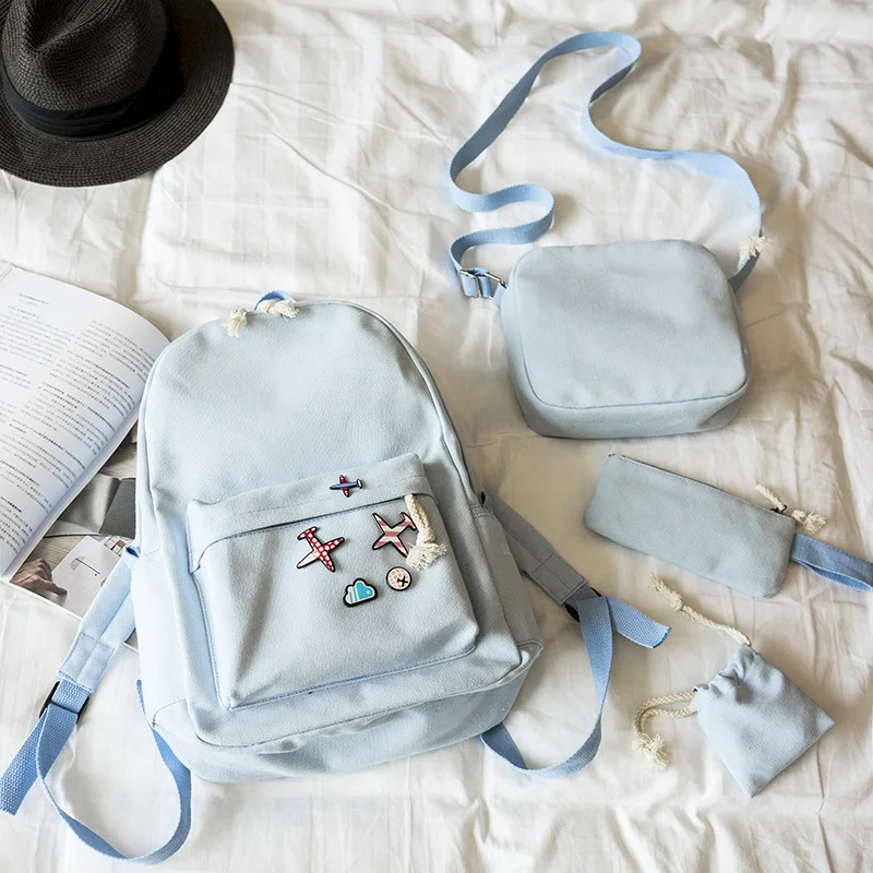 Menghuo 5 Pcsset Women Backpacks Cute Plane Badge School Bags For Teenage Girls Simple Canvas Backpacks Ladies Shoulder Bags (8)
