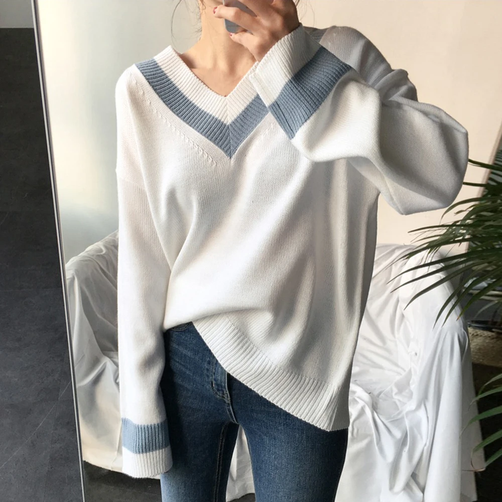2019 Autumn Winter Women's Sweaters V Neck Striped Pullover Korean Style Minimalist Casual Office Lady Sweater V-Neck Pllover
2019 Autumn Winter Women's Sweaters V Neck Striped Pullover Korean Style Minimalist Casual Office Lady Sweater V-Neck Pllover
