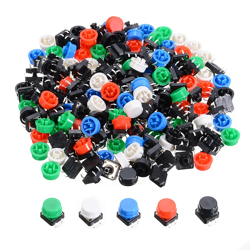 

100pcs Keys Tactile Switch Micro PCB Tact Push Button Momentary Switches 4 Pins 12*12*7.3mm With 100pcs 5 Color Caps Mayitr