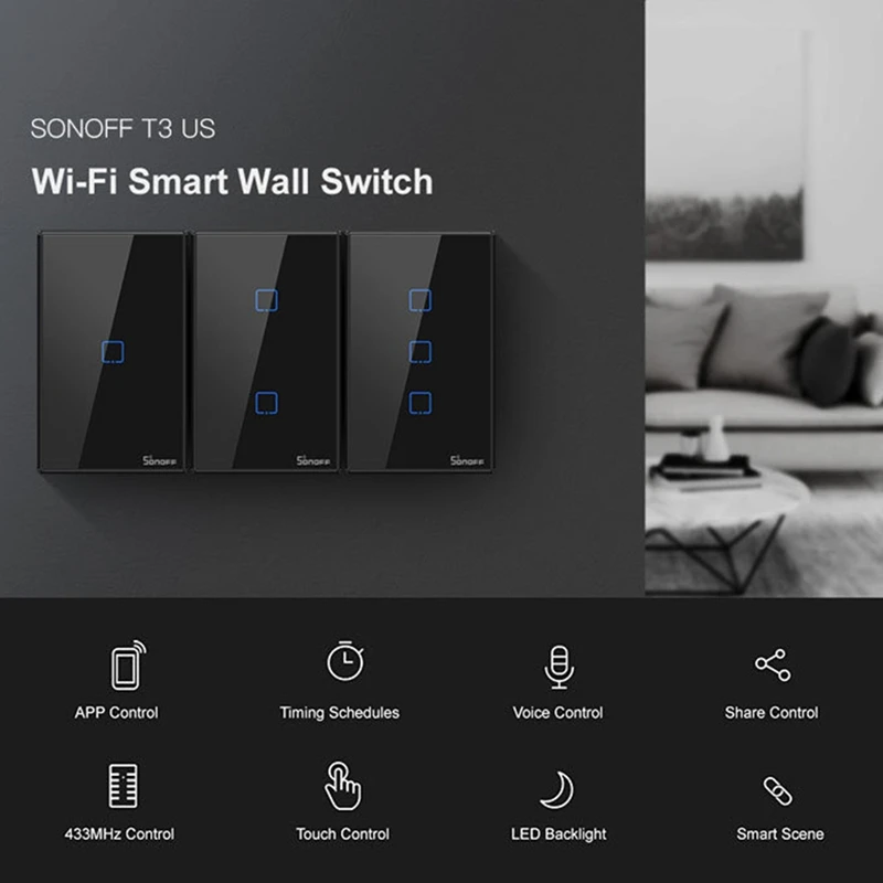 Sonoff TX T3 US Wifi Smart Wall Light Switch Timer 1/2/3 Gang Support Voice/APP/Touch Control Works For Google Home IFTTT
Sonoff TX T3 US Wifi Smart Wall Light Switch Timer 1/2/3 Gang Support Voice/APP/Touch Control Works For Google Home IFTTT
