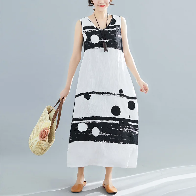 Cotton Linen Printed Sleeveless Big Hemline Dress Women's 2019 Summer Wear New Style V-neck Literature And Art Mid-length Vest S 
Cotton Linen Printed Sleeveless Big Hemline Dress Women's 2019 Summer Wear New Style V-neck Literature And Art Mid-length Vest S