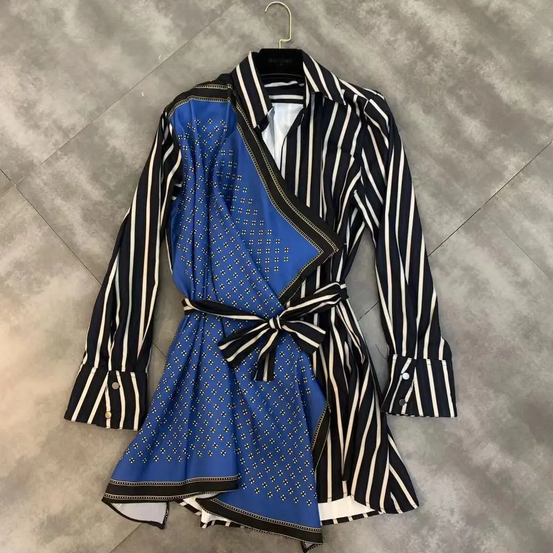 2019 autumn new lapel long sleeve color matching vertical stripe ribbon belt waist shirt
2019 autumn new lapel long sleeve color matching vertical stripe ribbon belt waist shirt